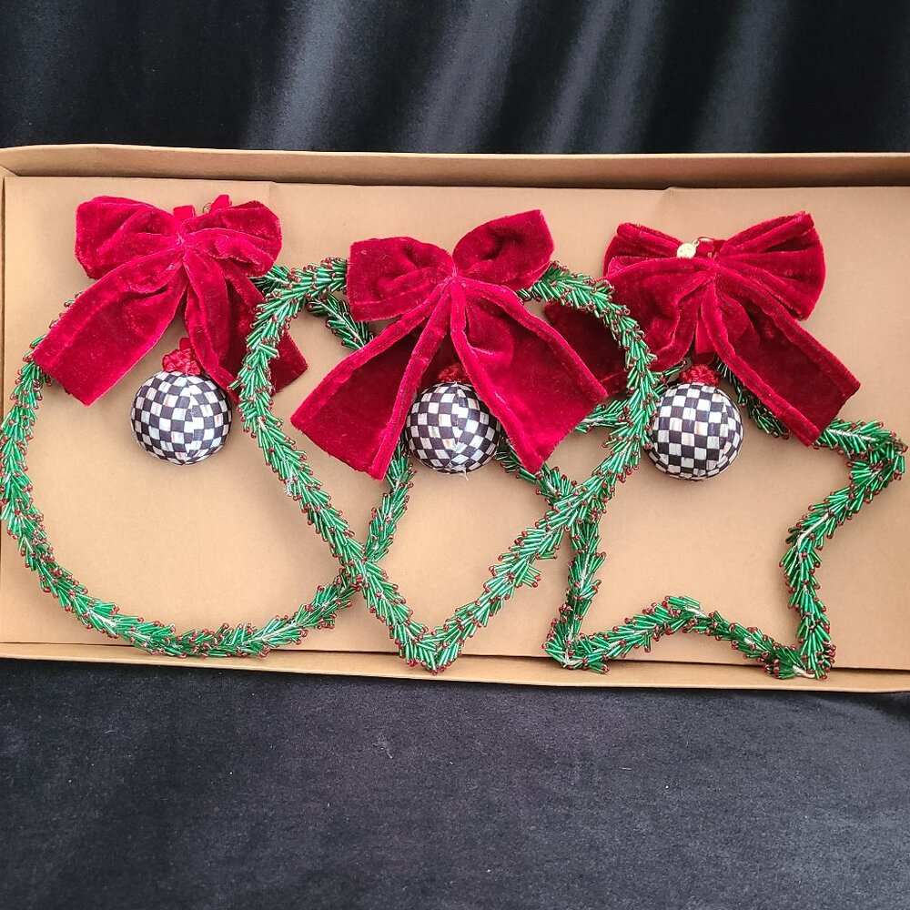 MacKenzie‑Childs Holly Beaded Ornaments • Set of 3 • Large • NEW • Original Box